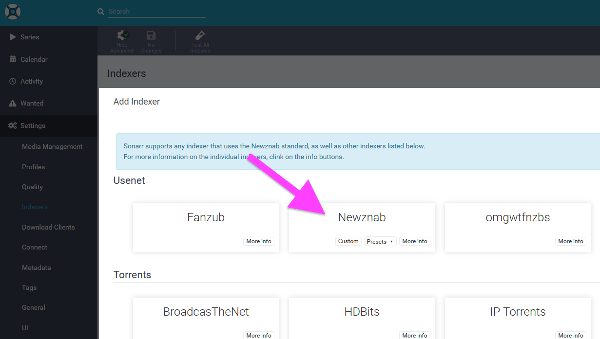 Sonarr add indexer screen