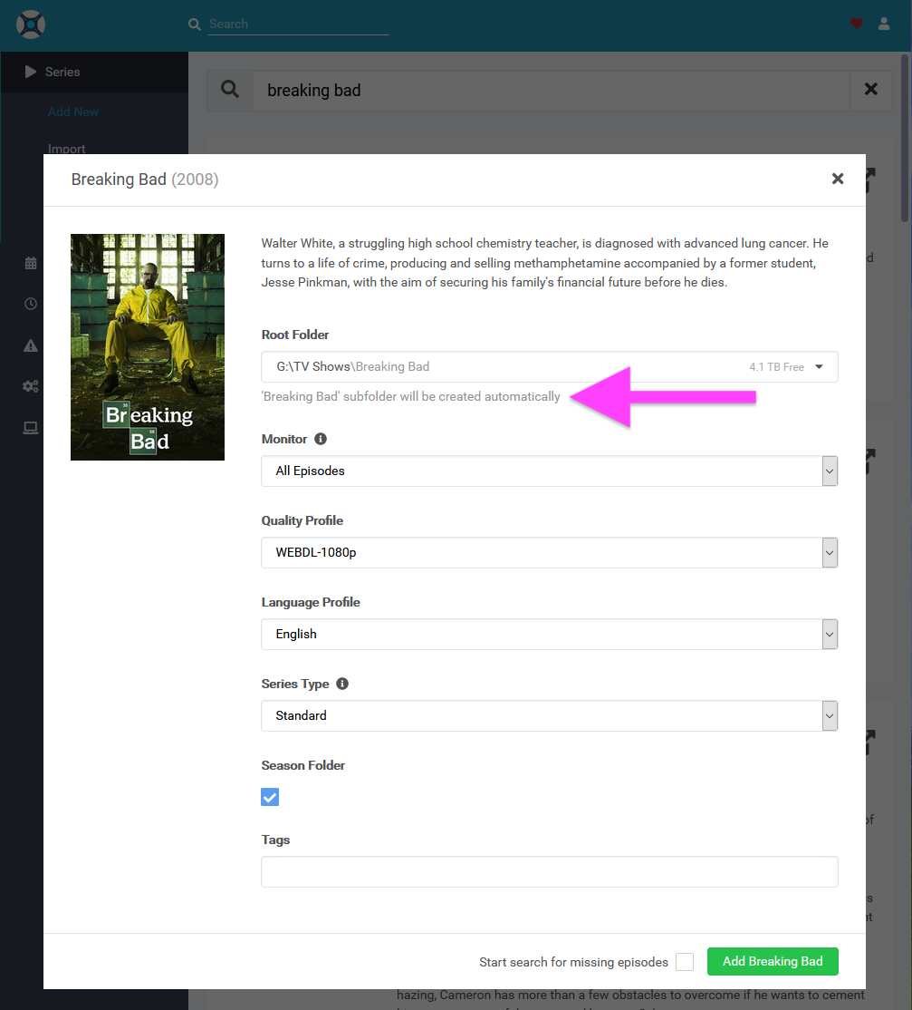 Sonarr add show details screen