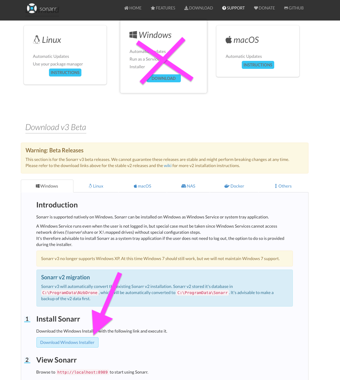 Sonarr download page