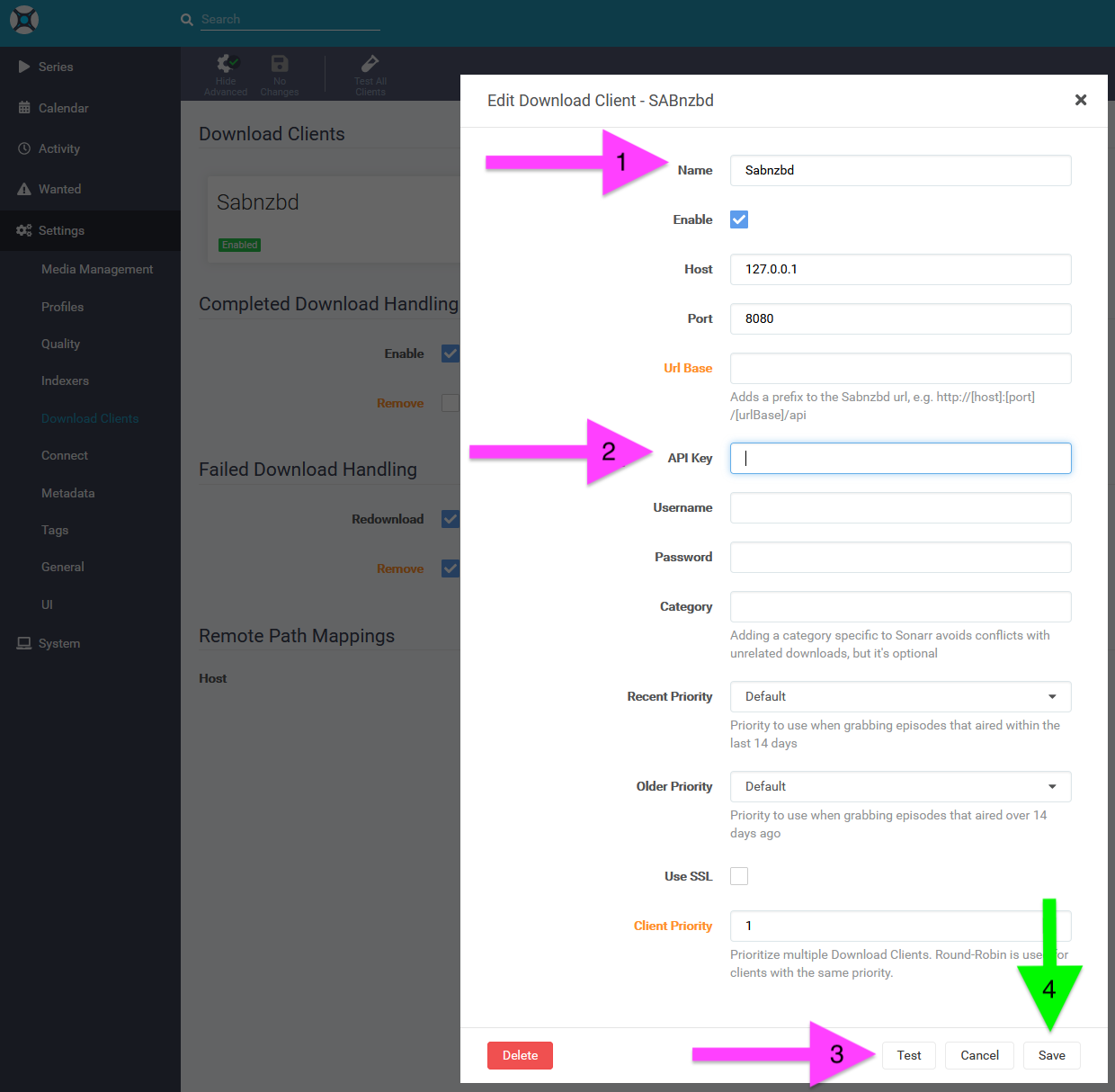 Sonarr Sabnzbd configuration screen