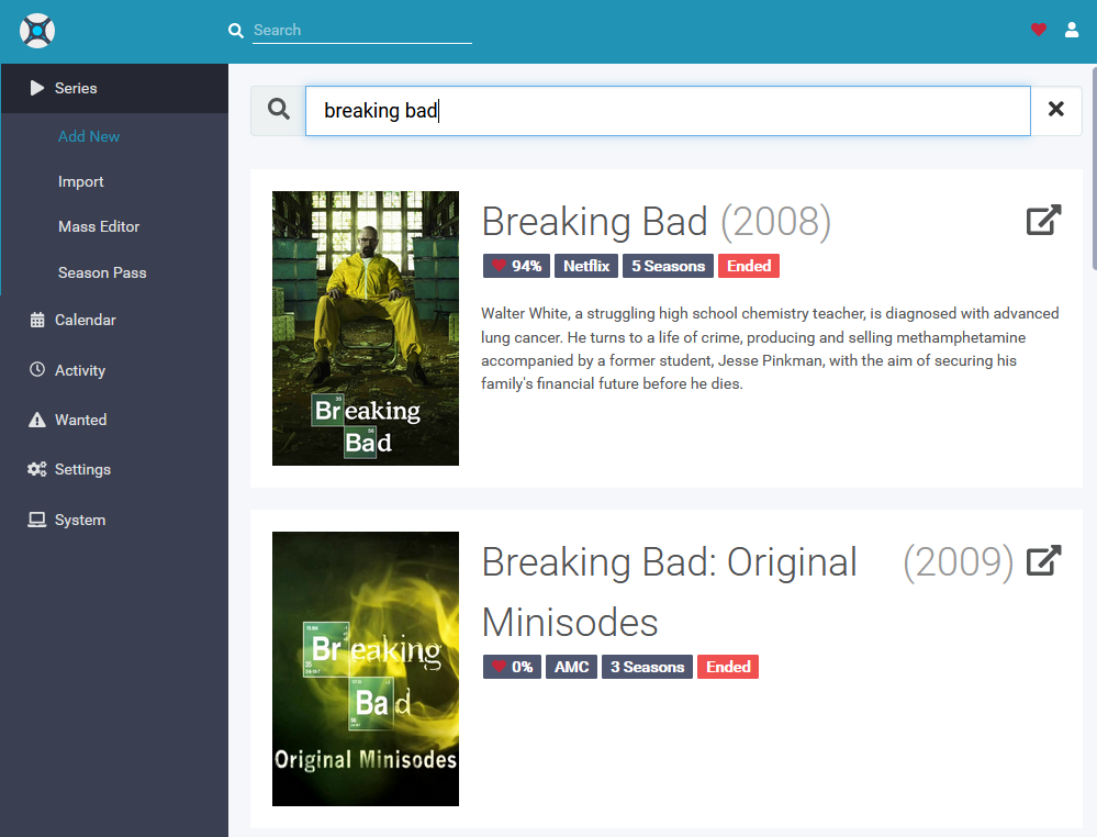 Sonarr search result for Breaking Bad