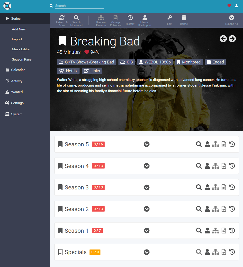 Sonarr show page with episode list