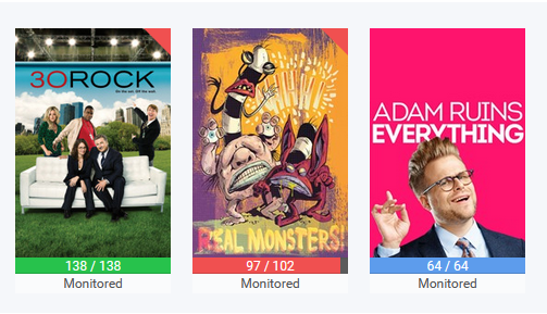 Sonarr library showing colored status bars