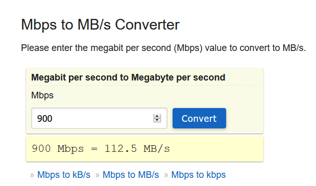 Speed unit calculator showing Mbps to MB/s conversion